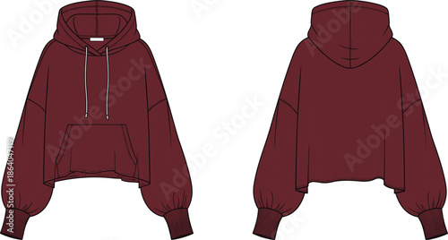 cad drawing flat vector, dark maroon cropped hoodie front back view, fashion sketch, garment template, apparel design, vector illustration