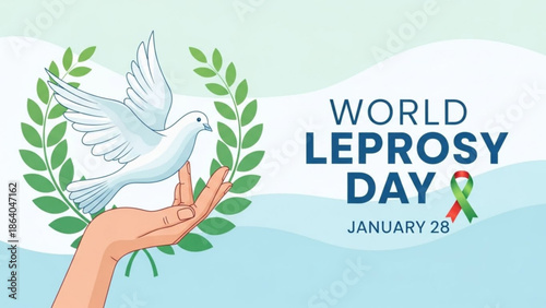 World Leprosy Day illustration with a dove of peace held in a hand symbolizing hope and awareness January 28