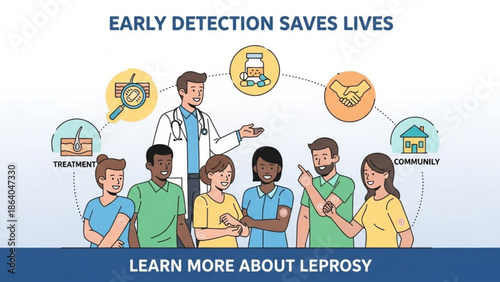 Doctor explaining leprosy prevention and early detection to a diverse community group illustrating treatment research and support concepts