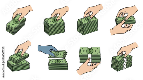 Hands counting and stacking bundles of cash money.