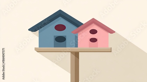 Colorful birdhouses illustration on wooden post against cream backdrop