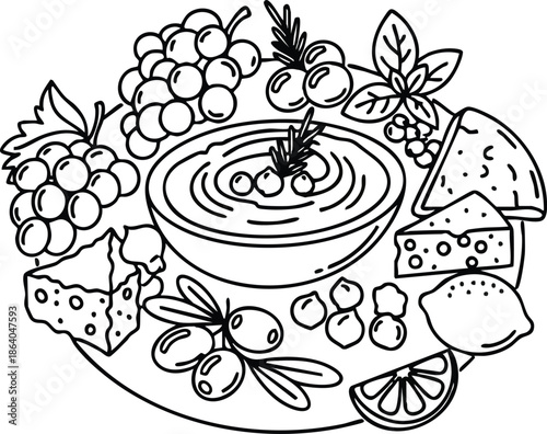 Mezze Platter Illustration with Hummus Olives Grapes and Cheese Wedges
