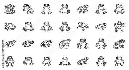 Collection of Vector Frog Illustrations Diverse Poses and Styles Detailed Outline Art