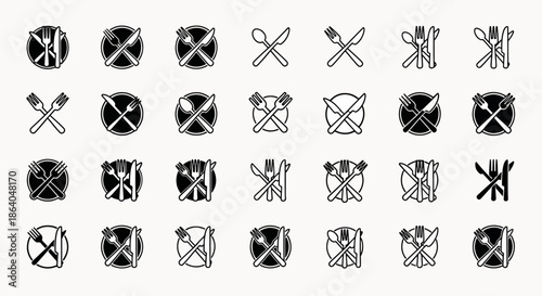Set of various cutlery icons on a white background representing different dining and culinary themes, Fork Knife Spoon