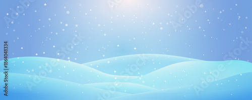 Winter snowfall landscape with snowy hills and soft blue gradient sky. Wide panoramic background for holiday season design. Editable vector illustration.