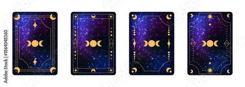 Set of mystical tarot card back designs with triple moon goddess symbol golden ornamental frames and cosmic galaxy purple blue starry background. Editable vector illustration. 