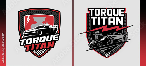 Torque Titan racing shield logos with supercharged car, lightning bolt and tire tread, bold performance motorsport crest set for teams, shops and merchandise