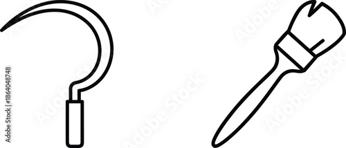 Hand-drawn sickle and paint brush line art icons for agriculture, gardening, home renovation, and artistic craft projects.