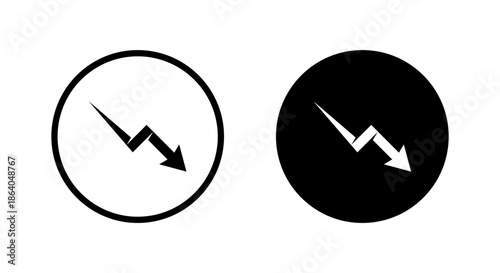 Downward trend arrow icon in black circle. Financial loss, decrease symbol