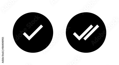 Tick and double check mark icon in black circle. Sent message symbol