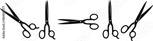 Scissors silhouette icon set featuring sharp open and closed cutting tools for sewing, crafting, and office stationary projects.