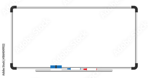 Horizontal whiteboard frame, blank dry erase board with marker tray and eraser isolated on transparent background for office meeting presentations