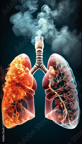 Lungs depicted with distinct burnt areas and smoke emitting from the center, illustrating the impact of smoke inhalation.