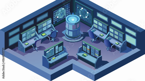 Isometric view of a futuristic control room with advanced technology displays