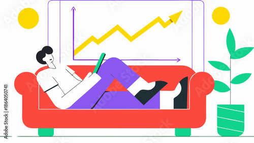 Man relaxing on a sofa while tracking growth and success on a tablet