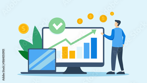 Financial growth depicted on a computer screen with a man pointing at it