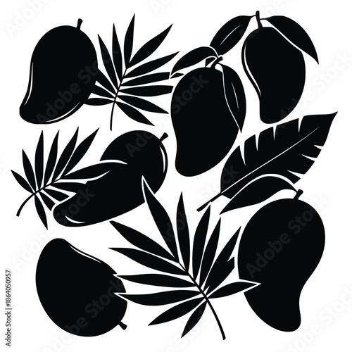 Striking black silhouette pattern featuring tropical mango fruits interspersed with vibrant palm and banana leaves for design projects