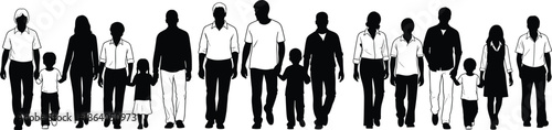 Diverse families silhouette group walking together, parents children generations unity inclusion isolated on white background community lifestyle illustration concept design