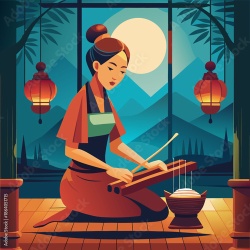 A Thai traditional woman playing krab or wooden krab or Thai wooden percussion illustration
