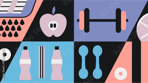 Fitness and healthy lifestyle vector illustration with workout and wellness icons in a clean flat style and solid colors for modern health design trends 2026.
