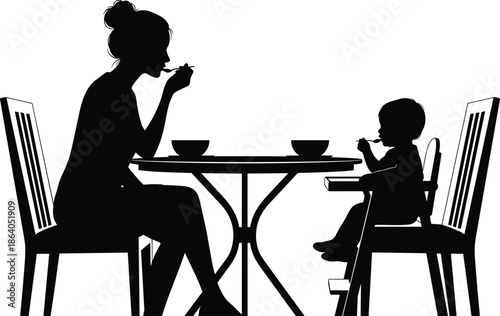 Mother and child eating together silhouette, family mealtime bonding parenting care isolated on white background illustration lifestyle concept design
