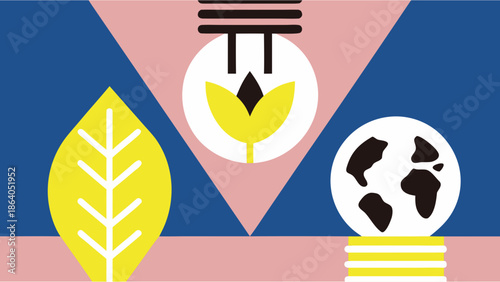 Eco-Friendly Sustainability Concept Vector with Green Energy Symbols, Leaf, and Earth Icons for Environmental Awareness and Clean Energy Design