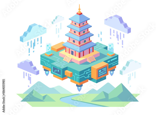 Isometric floating pagoda on a digital circuit board platform with data clouds for a futuristic chinese lunar new year vector technology and smart city concept.