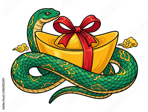 Traditional green snake wrapping around a large gold ingot gift with red ribbon for the chinese lunar new year vector zodiac sign of 2025 symbolizing wealth and prosperity.