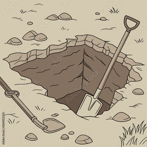 Shovel in a hole with rocks and grass digging garden