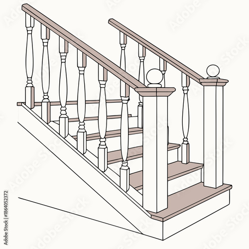 Brown wooden staircase with balusters and handrail