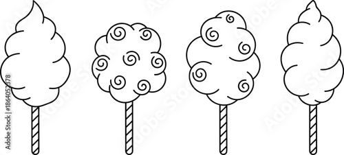 Cotton candy line icon set with sweet sugar clouds on sticks for carnival fair amusement park dessert design.