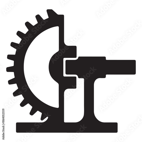 Isolated vector microscope icon and 3d steel instrument illustration featuring a black silhouette object with metal clamp and micrometer tool equipment on white background