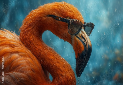 cool flamingo wearing sunglasses in the rain, vibrant colors and wet feathers.