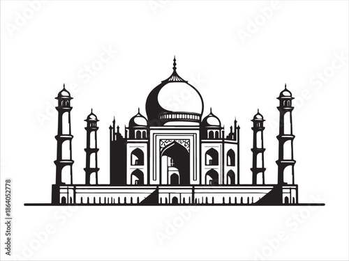 Black and white Taj Mahal illustration with domes and minarets