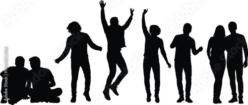 People silhouettes dancing and celebrating together, happy friends group lifestyle joy isolated on white background illustration social concept design