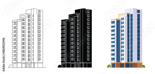 Skyscrapers Illustration Vector Set in Three Styles — Line Art, Silhouette and Color Version for Real Estate, Architecture and Property Design