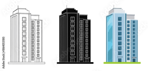 Skyscrapers Vector Set in Three Styles — Line Art, Silhouette and Color Version for Real Estate, Architecture and Property Design