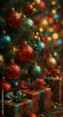 festive christmas ornaments and gift boxes with bokeh lights on a decorated tree.