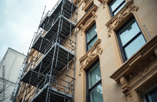 Metal scaffolding covers side of old building facade, undergoing exterior repair work. Architectural details visible on windows and walls undergoing restoration, no people present.