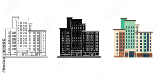 Skyscrapers Vector Set in Three Styles — Line Art, Silhouette and Color Version for Real Estate, Architecture and Property Design