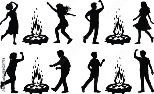 Campfire celebration silhouette grid with dancing figures and flames for unity, culture, and outdoor festive themes.