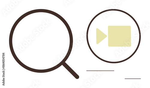 Media searches, content creation, digital exploration, video analytics, technology, multimedia. A magnifying glass and a video camera icon media discovery. Media searches and content creation concept