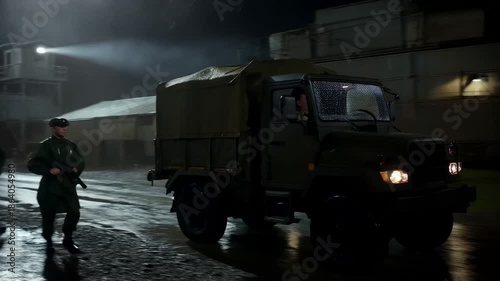 Military base at night searchlights scanning trucks moving guards patrolling rain falling moody atmosphere