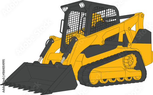 Compact track loader illustration with bucket, rubber tracks, and cab for construction, landscaping, and heavy equipment themes.