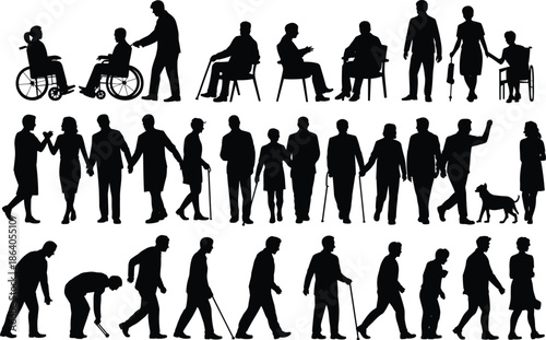 Elderly people silhouette set with diverse poses, mobility aids, and companionship for aging, care, and community themes.