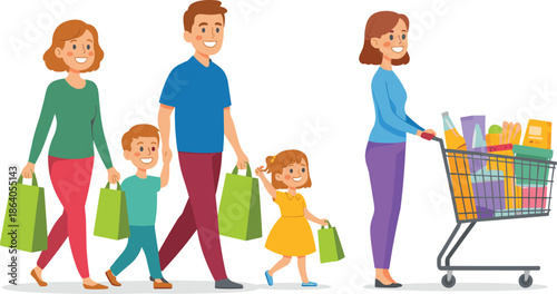 Family shopping illustration with adults and children carrying grocery bags and pushing cart for lifestyle and everyday activity themes.