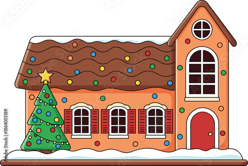 Festive gingerbread house illustration with candy roof, snow, and Christmas tree for holiday, winter, and decoration themes.