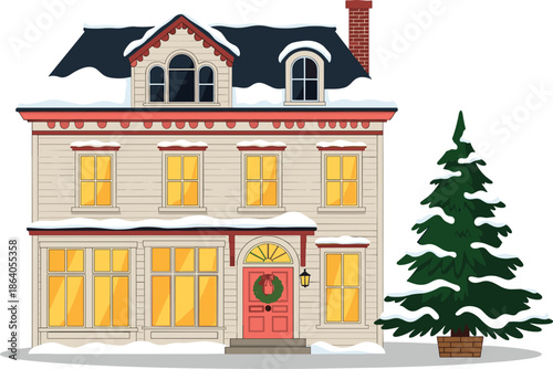 Festive winter house illustration with snow-covered roof, wreath door, and glowing windows for holiday and seasonal themes.
