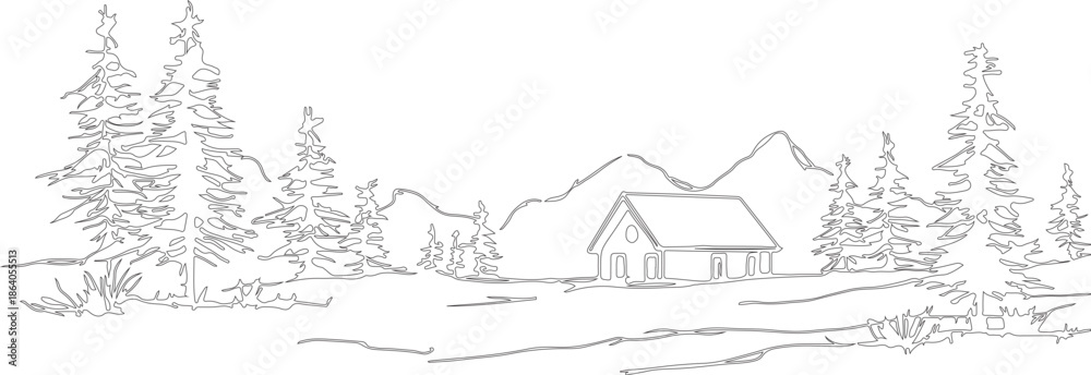 Fototapeta premium house in the forest silhouette or sketch art hand drawn vector design made by geometric lines.