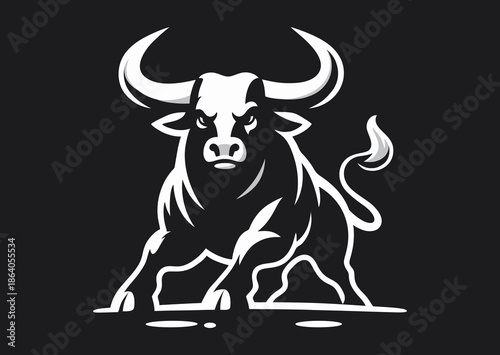 Angry and furious bull in fighting stance, black and white vector silhouette